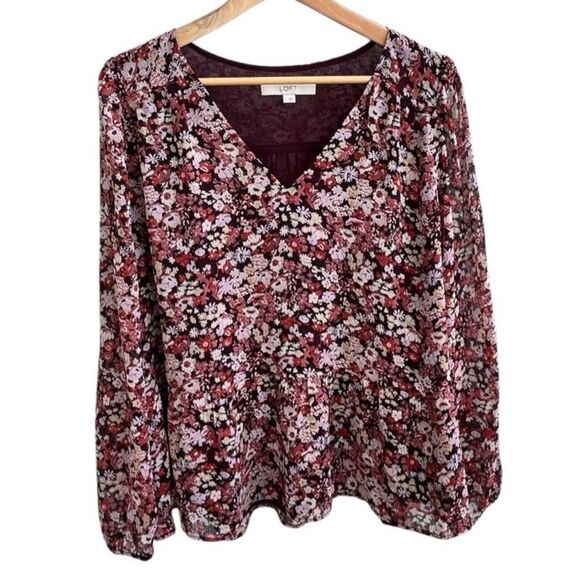 LOFT Burgundy Pink Floral V-Neck Peplum Blouse - Size L - Picture 3 of 14